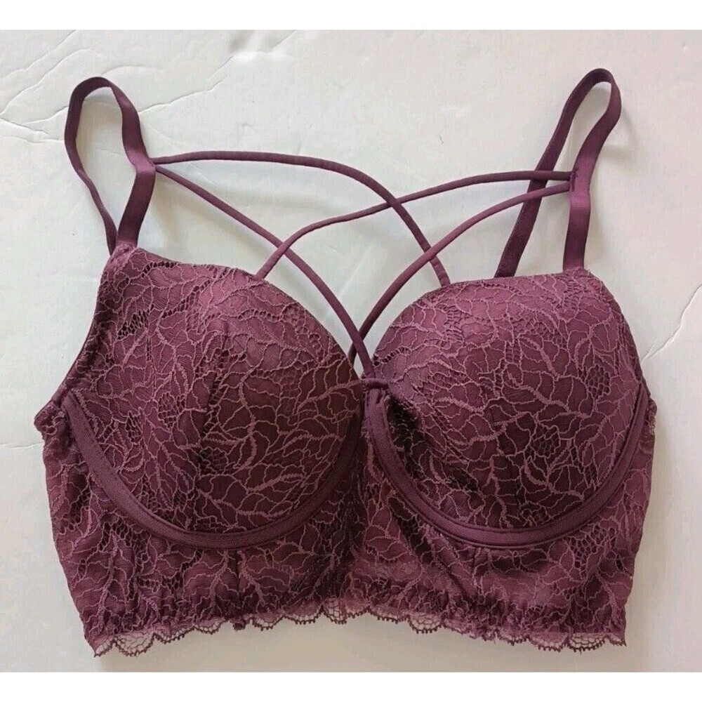 Penti Longline Bra Size 34C Burgundy Red Strappy Lacey Underwire Lightly Lined